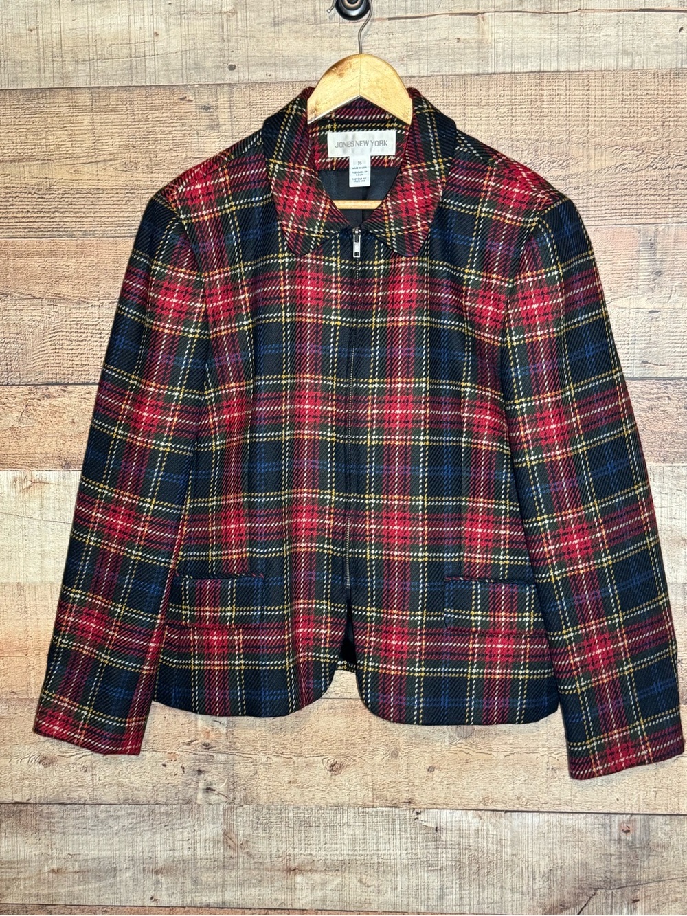 Jones New York Navy and Red Plaid Zip-Front Blazer Tartan Holiday Career